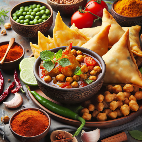 Delicious Indian Samosa with Chana Masala and an Array of Traditional Snacks 