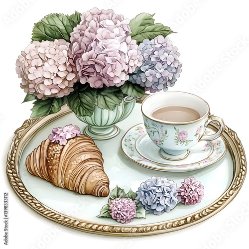 Elegant pastel floral arrangement with teacup and croissants