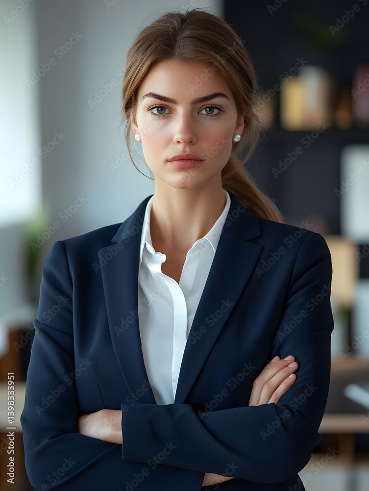 Confident Businesswoman with Arms Crossed in Modern Office Setting