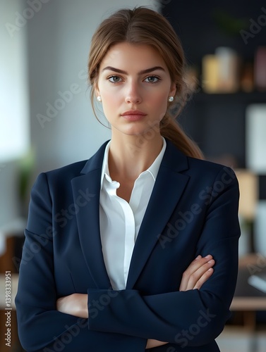 Obraz na płótnie Confident Businesswoman with Arms Crossed in Modern Office Setting w salonie