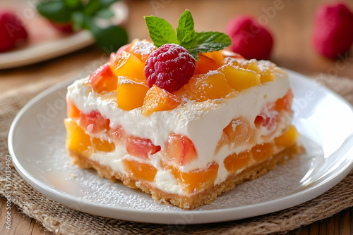 A delicious layered peach and raspberry dessert with a creamy filling. photo