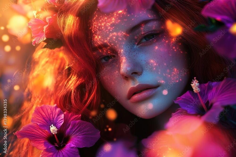 Obraz premium Enchanted redhead woman with glowing skin amidst vibrant hibiscus flowers, a surreal and dreamy portrait.