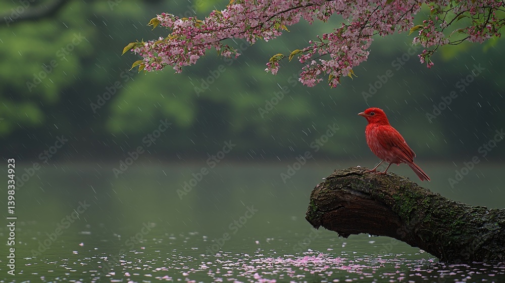 Red Bird on Log, Sakura Tree, Rainy Day