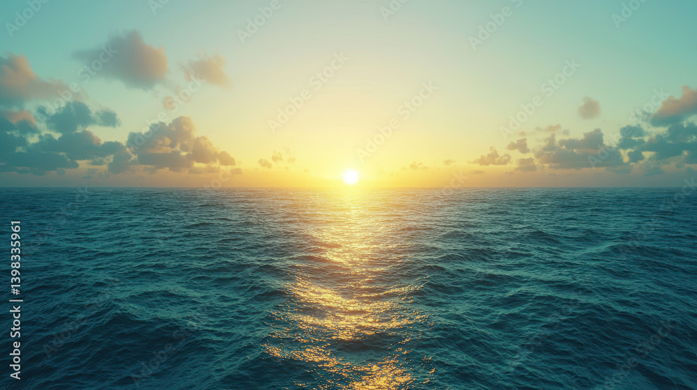 Obraz premium A breathtaking panoramic view of a serene ocean sunset with calm waves reflecting the golden sunlight and scattered clouds in a peaceful tranquil atmosphere.