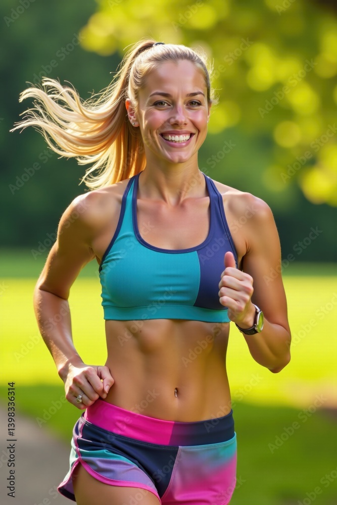 Fototapeta premium Energetic Blonde Athlete Running in Park – Vibrant Sportswear Portrait