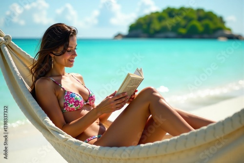 Young Woman super model in a colorful bikini, lounging in a hammock. She is happily reading a book, with a backdrop of clear blue water and a distant island