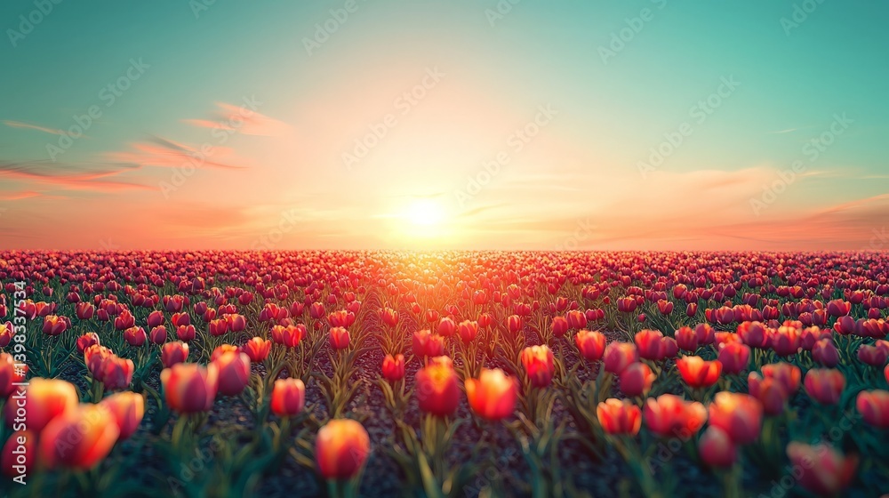 Sunrise Field of Red Tulips