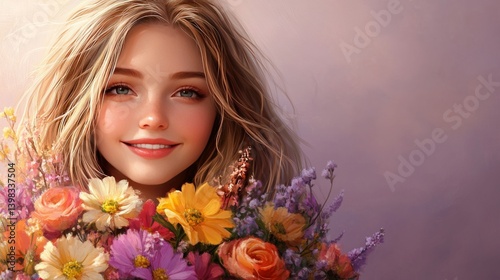 Smiling Young Woman with Blonde Hair Holding a Colorful Bouquet on a Soft Lavender Background with Copy Space