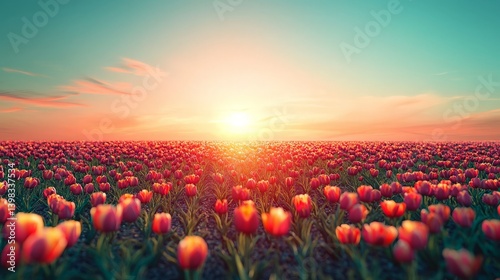 Obraz na płótnie Sunrise Field of Red Tulips w salonie