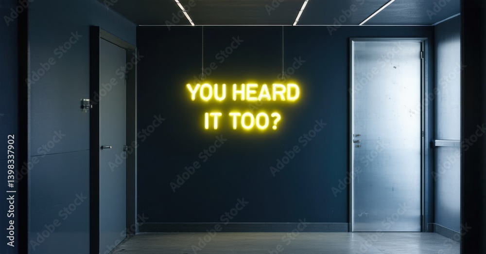 Neon you heard it too sign glowing in faint yellow in darkened hallway deep navy and bright silver symbolizing shared horror