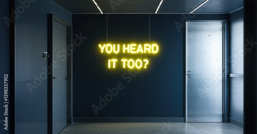 Obraz na płótnie Neon you heard it too sign glowing in faint yellow in darkened hallway deep navy and bright silver symbolizing shared horror w salonie