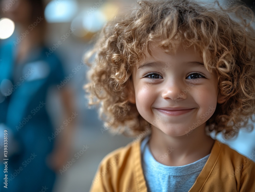 Portrait of a Curly-Haired Child's Radiant Smile: A Close-Up Displaying Innocence, Charm, and Joyful Expression with a Soft, Blurred Background. Portrait of a Curly-Haired Child's Radiant Smile: A Close-Up Displaying Innocence, Charm, and Joyful Expression with a Soft, Blurred Background.