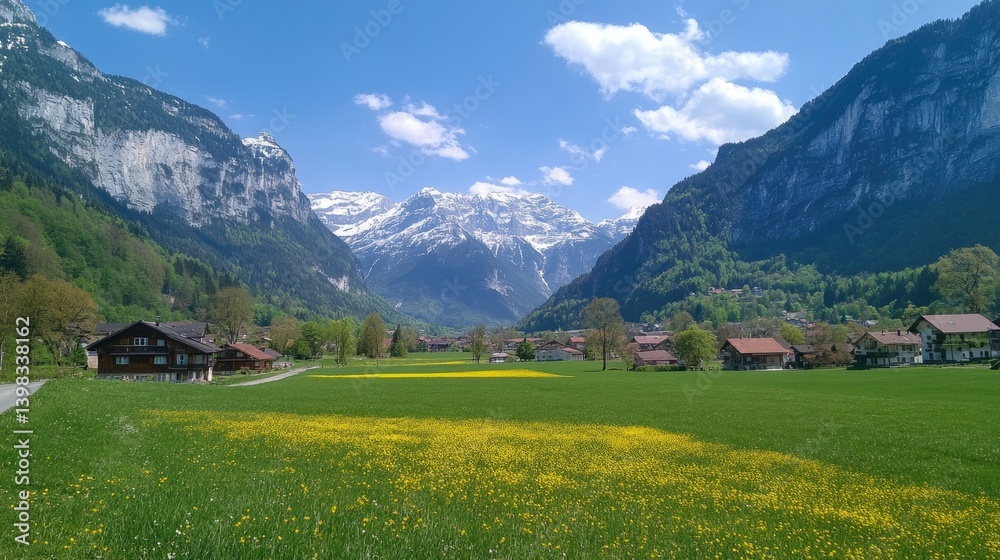 Obraz premium Alpine Village Nestled Amongst Majestic Mountains And Blooming Meadows