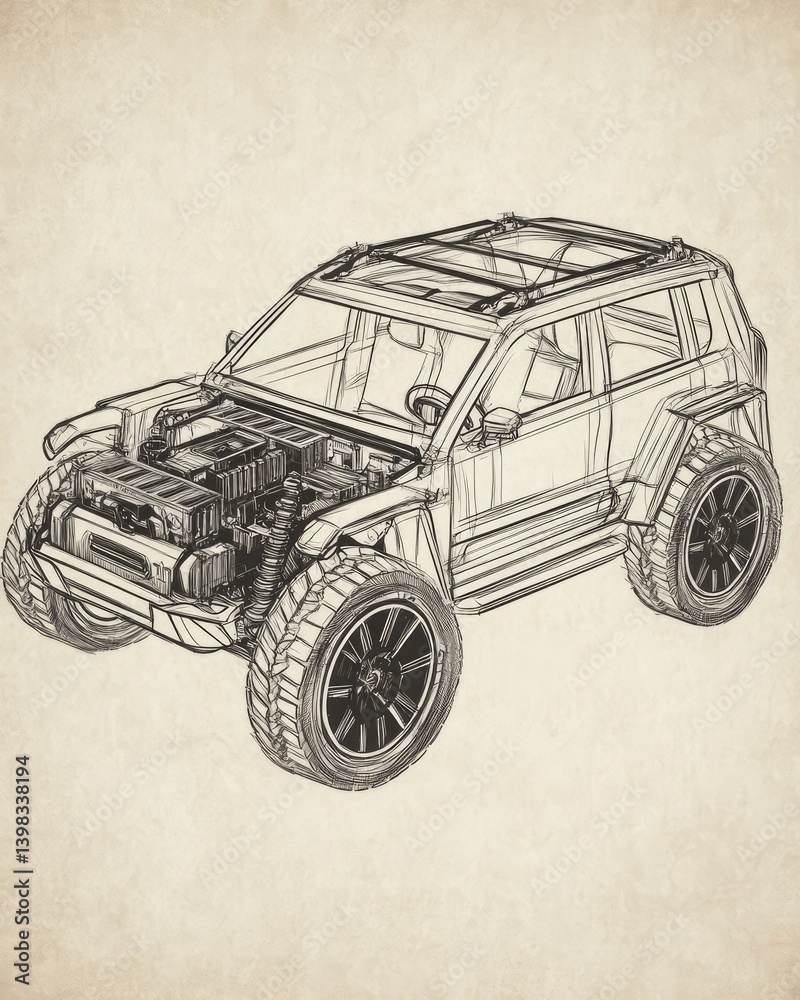 Fototapeta premium Detailed line drawing of an off-road vehicle with visible internal components on a textured beige background.