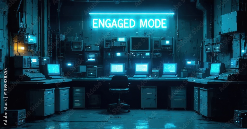 Hightech control room. Numerous monitors display data. Bright neon sign reads Engaged Mode. Dark, industrial setting suggests complex operations. Office chair centered before consoles.