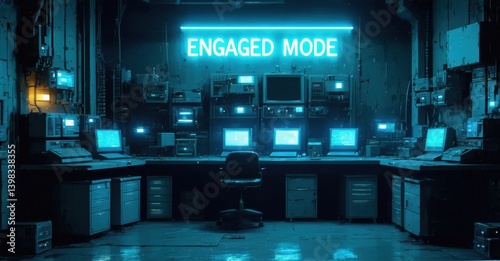 Obraz na płótnie Hightech control room. Numerous monitors display data. Bright neon sign reads Engaged Mode. Dark, industrial setting suggests complex operations. Office chair centered before consoles. w salonie