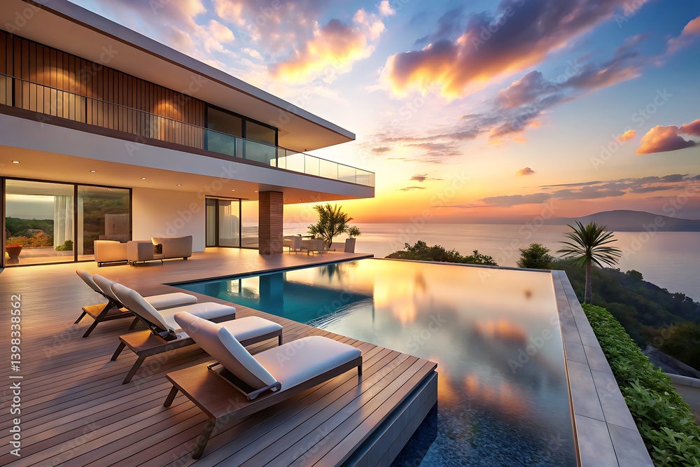 Fototapeta premium Modern luxury villa with private infinity pool overlooking tropical ocean at colorful sunset, contemporary architecture, serene coastal paradise vacation retreat with panoramic sea views