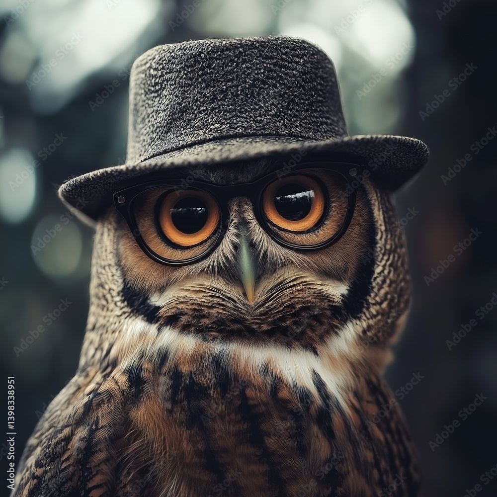 A charming owl wearing a hat and glasses, embodying wisdom and playful intellectual character.