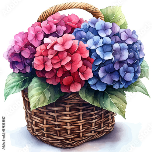 Hydrangea bouquet in a basket, watercolor illustration, isolated on a white background.

