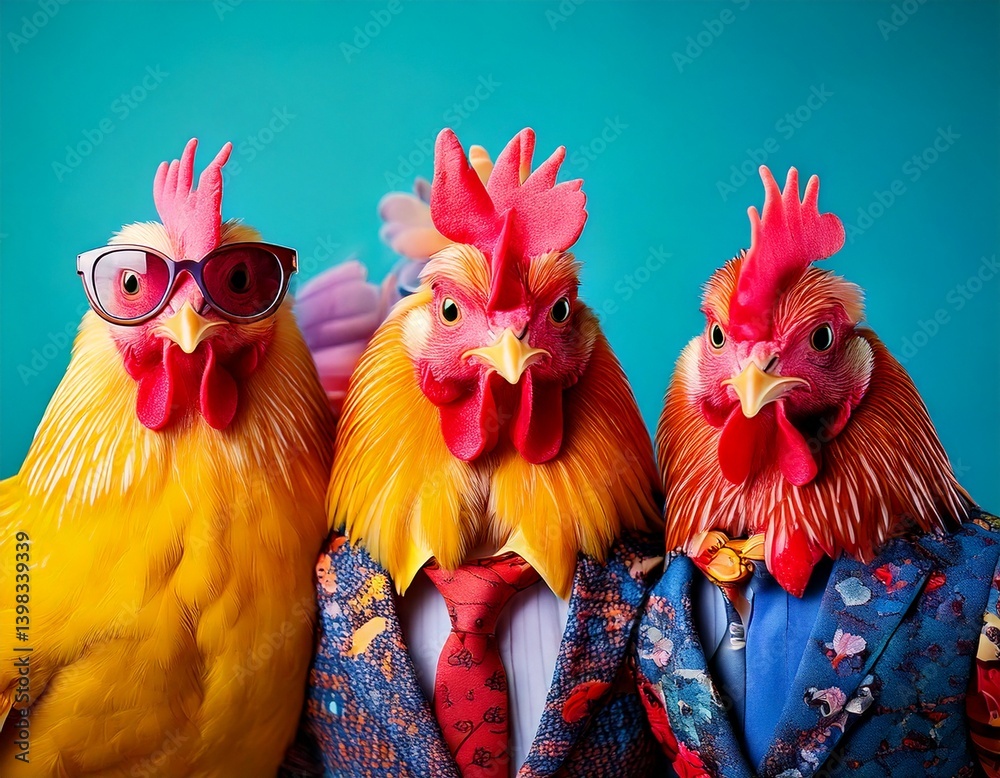 Fototapeta premium Creative animal concept. Group of chicken in funky Wacky wild mismatch colourful outfits on bright background advertisement, copy space. birthday party invite invitation banner
