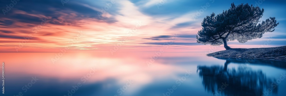 A peaceful sunset casts vibrant colors over a tranquil lake, highlighting a solitary tree on the shore.