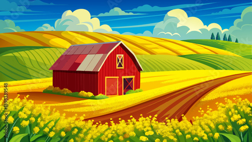 Red barn and canola field in Palouse, WA
