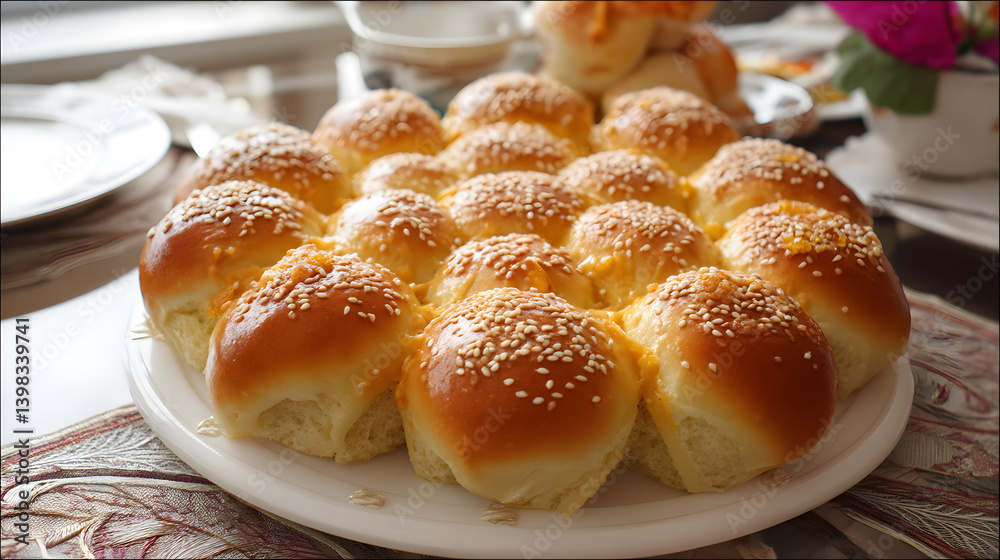Soft Freshly Baked Bread Rolls on a Plate with Sesame Topping in a Cozy Dining Environment Soft Freshly Baked Bread Rolls on a Plate with Sesame Topping in a Cozy Dining Environment