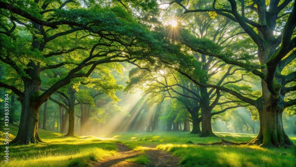 Obraz premium Sunbeams Illuminating a Serene Forest Path, Creating a Magical Atmosphere of Tranquility and Natural Beauty