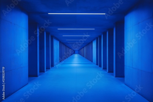 A long corridor illuminated by blue lights creates a mysterious and futuristic atmosphere.