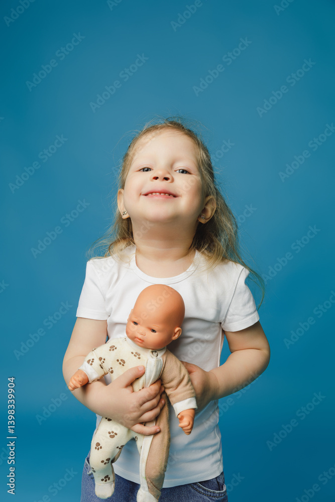 Cute little girl holding and hugging her doll, isolated on blue background Cute little girl holding and hugging her doll, isolated on blue background