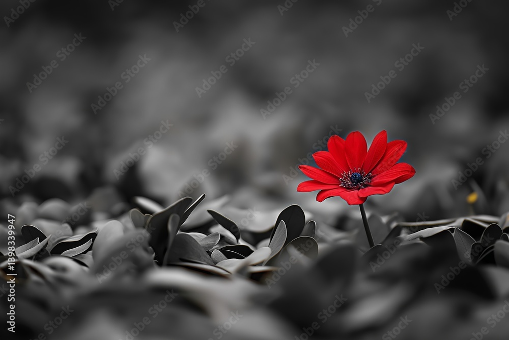 A single vibrant red flower stands out amidst a monochrome landscape, symbolizing hope and resilience.