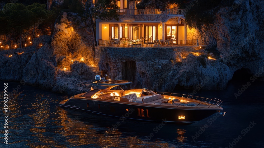 Obraz premium Night yacht docked, cliffside villa, Mediterranean coast, luxury travel