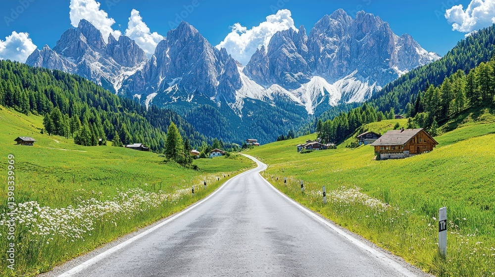 Naklejka premium Majestic Mountain Road Trip: Breathtaking Alpine Scenery