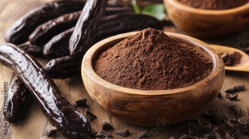 Carob powder in a wooden bowl with carob pods and chocolate pieces on a rustic wooden table, healthy eating concept