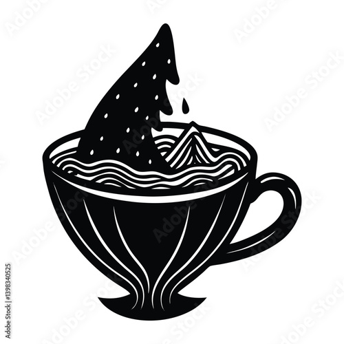 A teacup turning into a waterfall on white background.