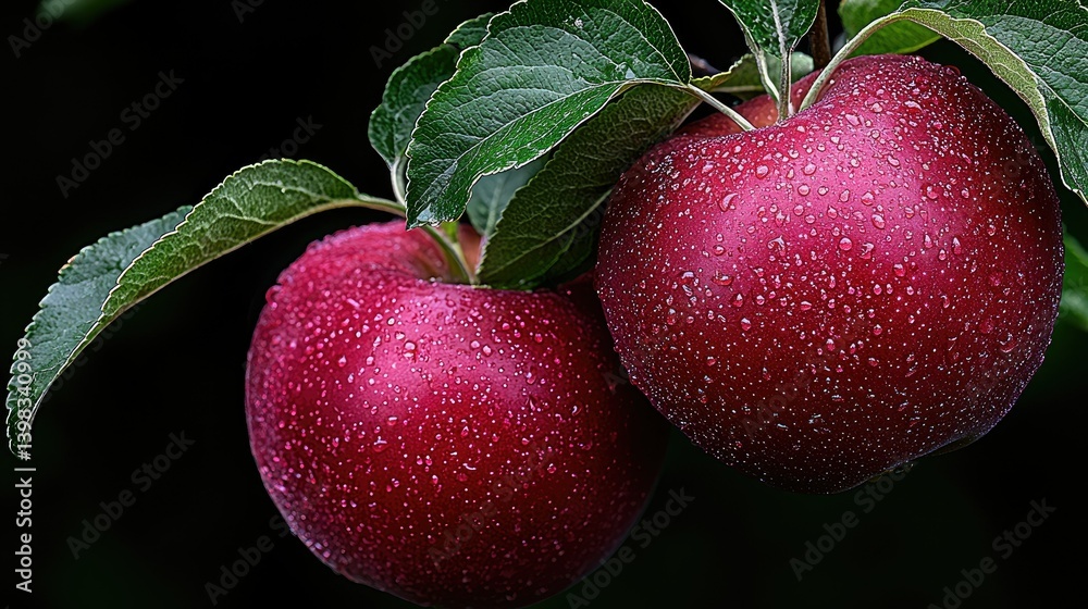 Obraz premium Two ripe red apples hang from a green leafy branch