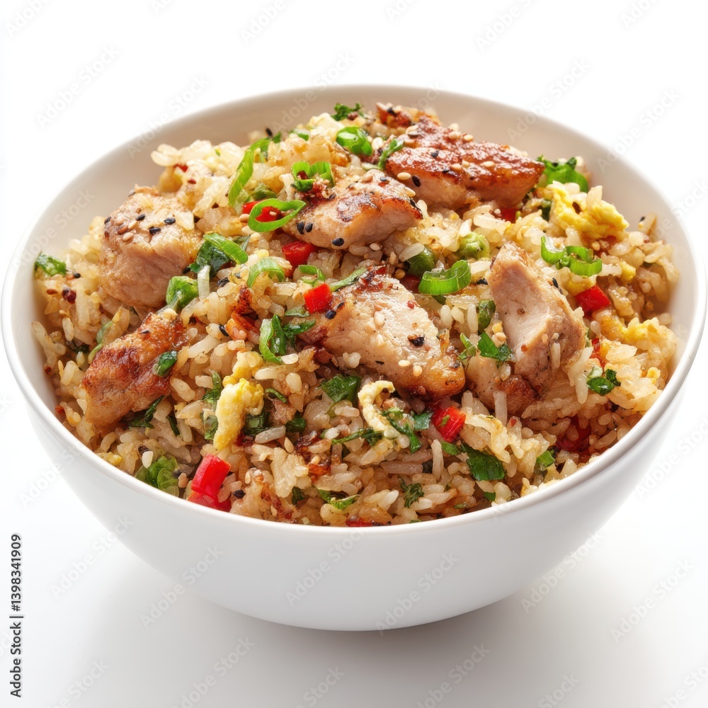Close up of a bowl of chicken fried rice with green onions and peppers isolated on white background Close up of a bowl of chicken fried rice with green onions and peppers isolated on white background
