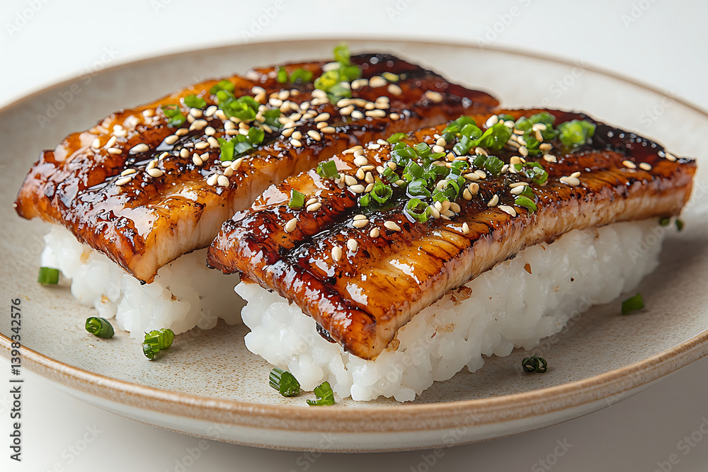Two Unagi Sushi Nigiri Pieces Garnished With Scallions And Sesame Seeds Closeup Two Unagi Sushi Nigiri Pieces Garnished With Scallions And Sesame Seeds Closeup
