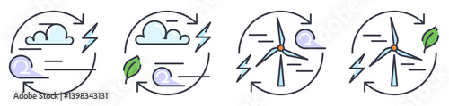 Green Energy Icons Set – Wind, Eco, Electricity, Nature. A minimalistic icon set representing clean and renewable energy concepts. 