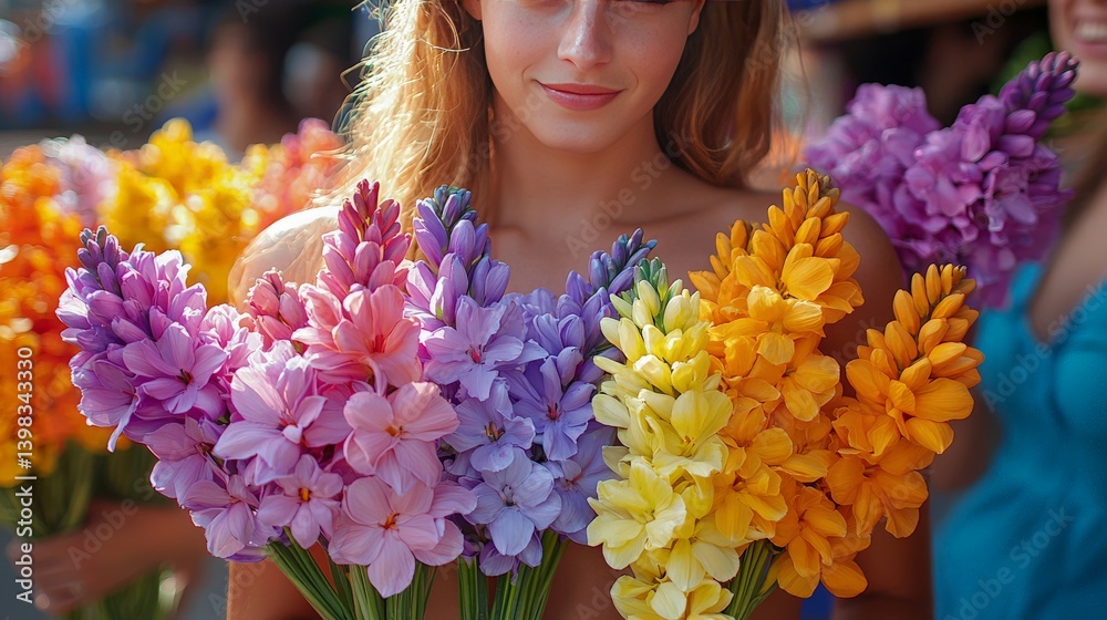 Woman Holding Colorful Flowers at Market