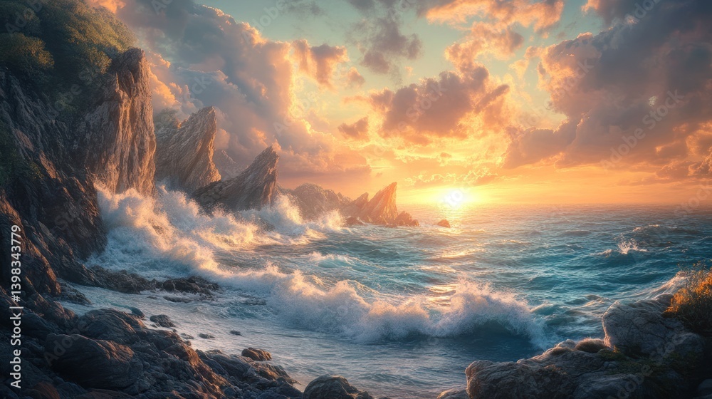 Naklejka premium Sunset Ocean Waves Crashing Against Rocky Coastline