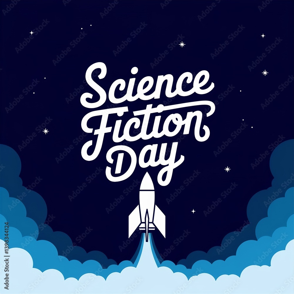 Naklejka premium Retro Rocket Launches into Space: Celebrate Science Fiction Day with this Stylish Design