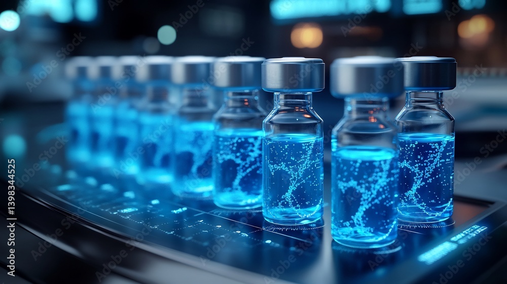 Liquid biopsy analyzing ctDNA abstract sci fi lab art blue vial