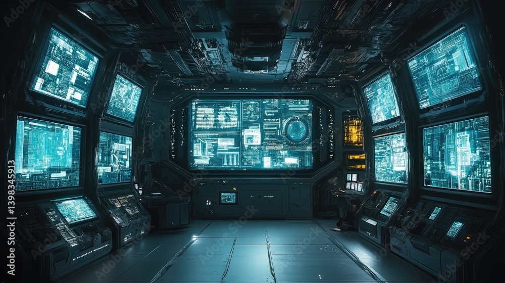 Fototapeta premium Futuristic control room displays data on numerous illuminated screens