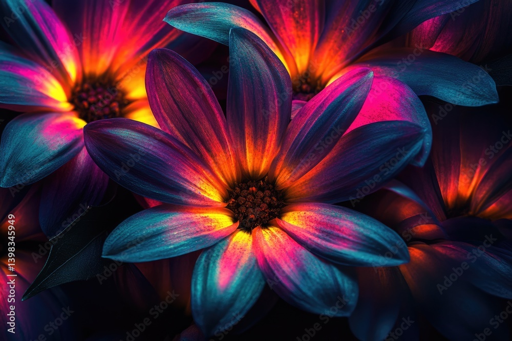 Fototapeta premium Vibrant, multicolored flowers with teal, pink, and orange petals, illuminated in low light.