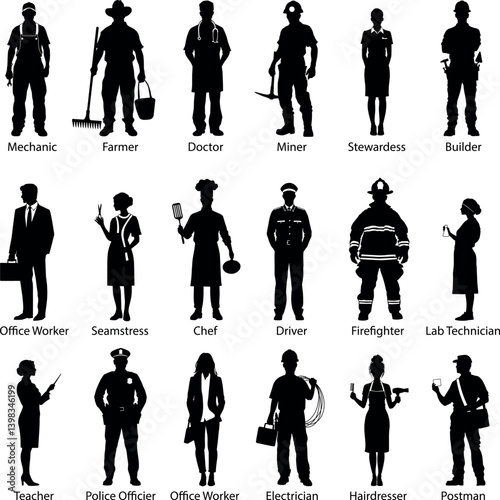 Black silhouettes of workers with different professions and occupations. Professional employees labor day. Isolated vector eps images