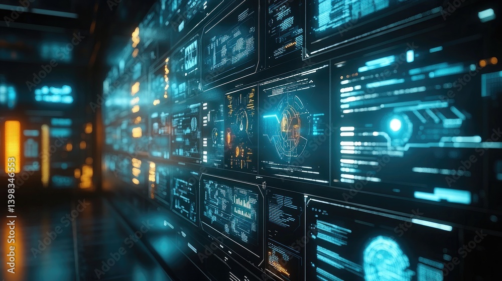 A Futuristic Wall Displaying Data Processing and Information A Futuristic Wall Displaying Data Processing and Information
