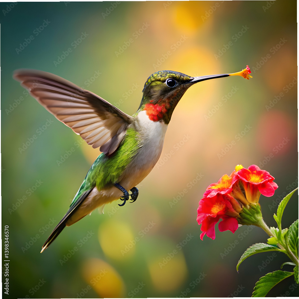 Fototapeta premium Hummingbird in Flight with flower
