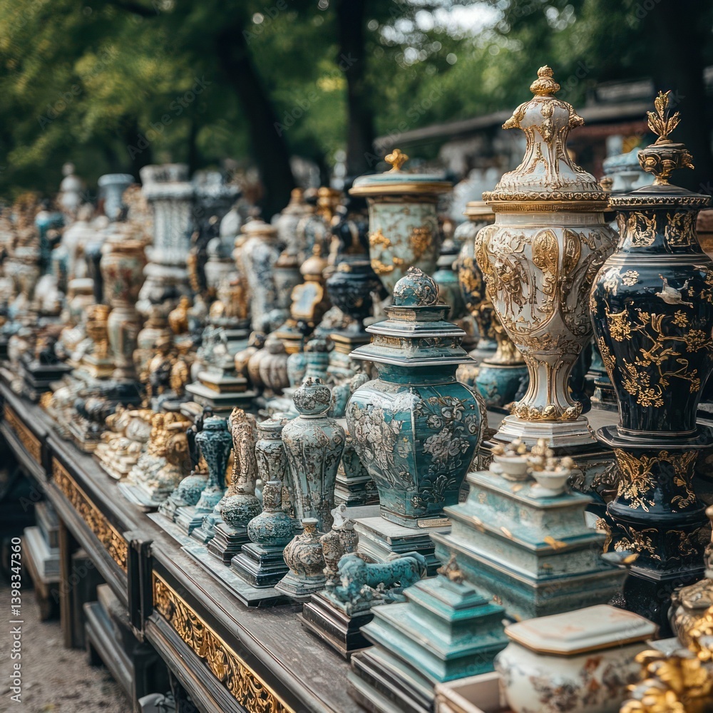 Antique porcelain and decorative items for sale at a market Antique porcelain and decorative items for sale at a market
