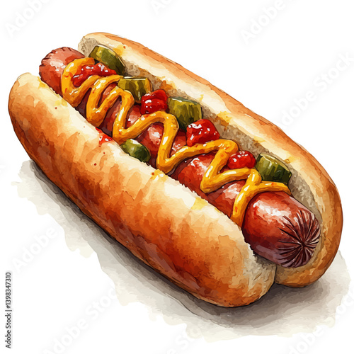 Hot Dog, watercolor vector, isolated on a white background.